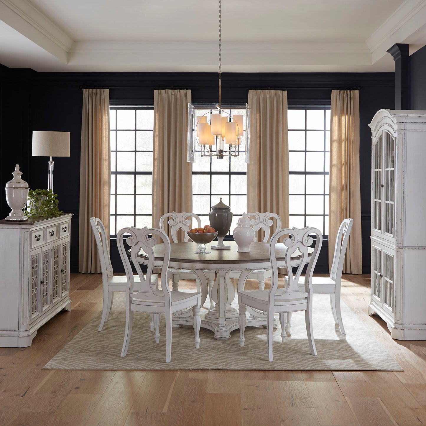 Magnolia Manor - 7 Piece Round Ped Table Set (Splat Back Side Chair) - Antique White