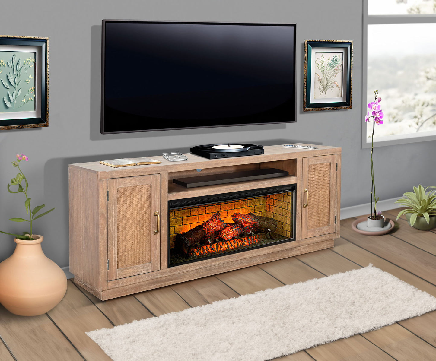 78" Cane Media Console With Faux Crystals Electric Fireplace Insert