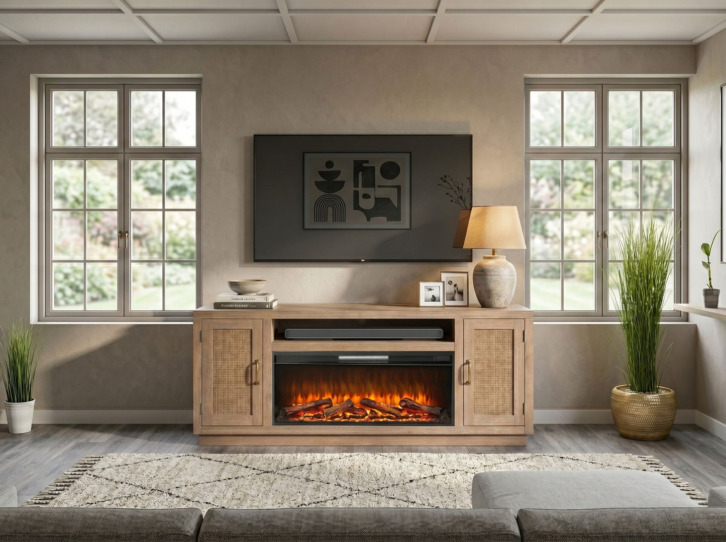 78" Cane Media Console With Faux Crystals Electric Fireplace Insert