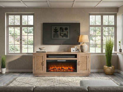 78" Cane Media Console With Faux Crystals Electric Fireplace Insert