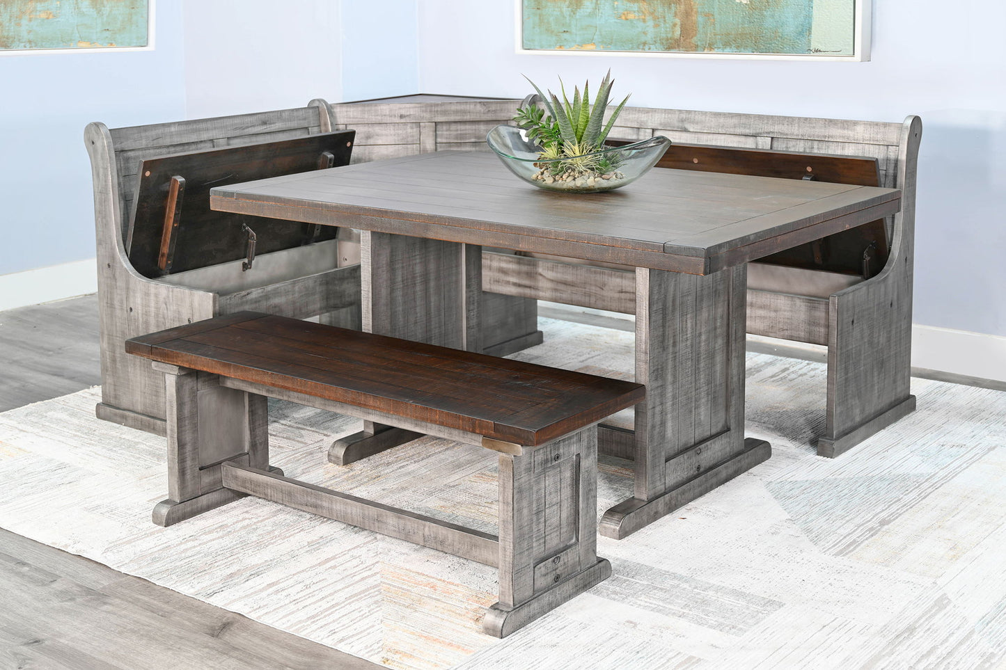 Homestead Hills - Wood Breakfast Nook Dining Set - Tobacco Leaf / Alpine Gray