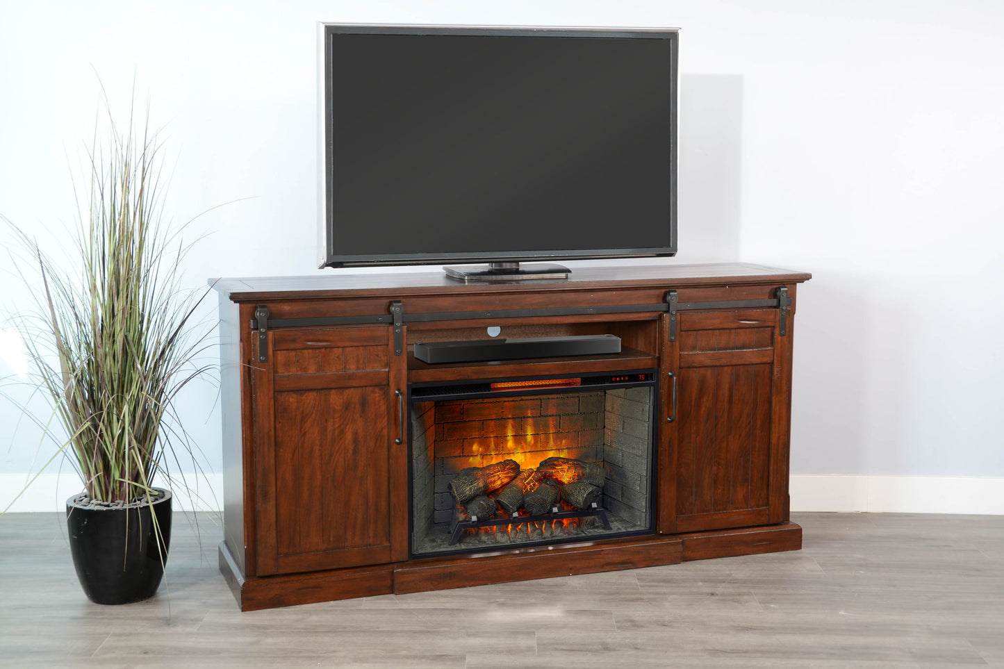78" Barn Door Media Console With Electric Fireplace