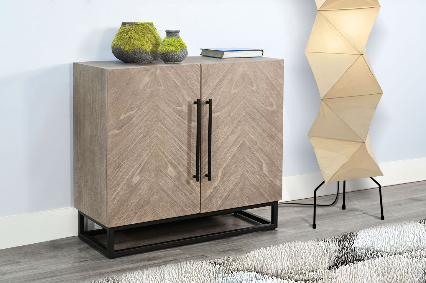 Wood Accent Cabinet With Chevron Doors And Metal Base - Wheat